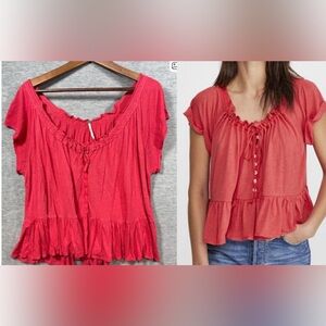 Free People Charlie‎ Coral Red Peasant Top L Button Front Lace Boho Milkmaid